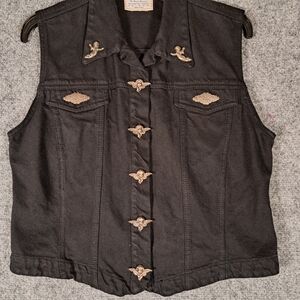 VTG Brass Angel Black Jean Vest Sz M Trucker Sleeveless Y2k Biker Whimsigoth